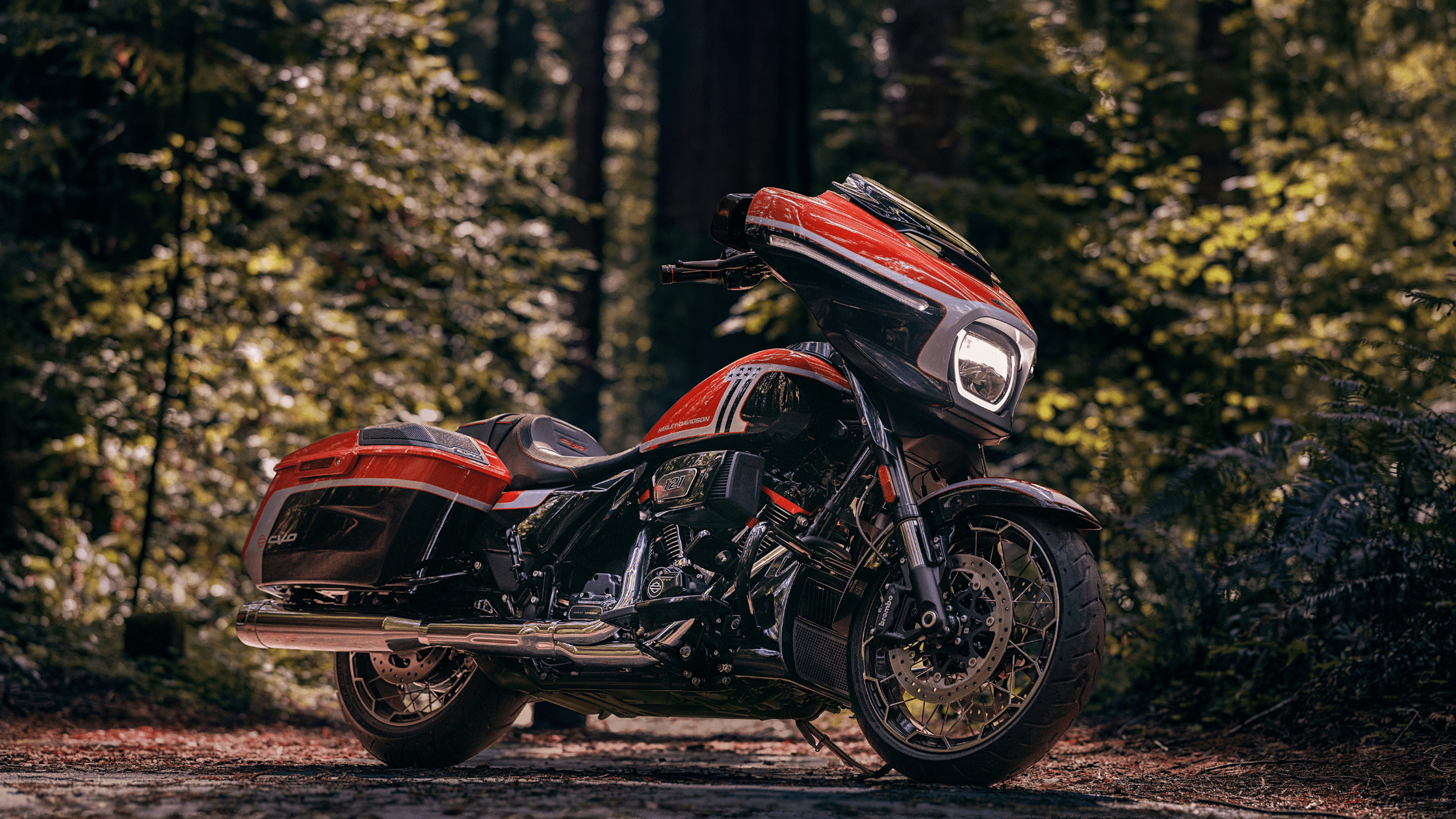 A Harley-Davidson CVO Street Glide motorcycle parked in a sunlit forest, showcasing its sleek design and vibrant red and black color scheme.