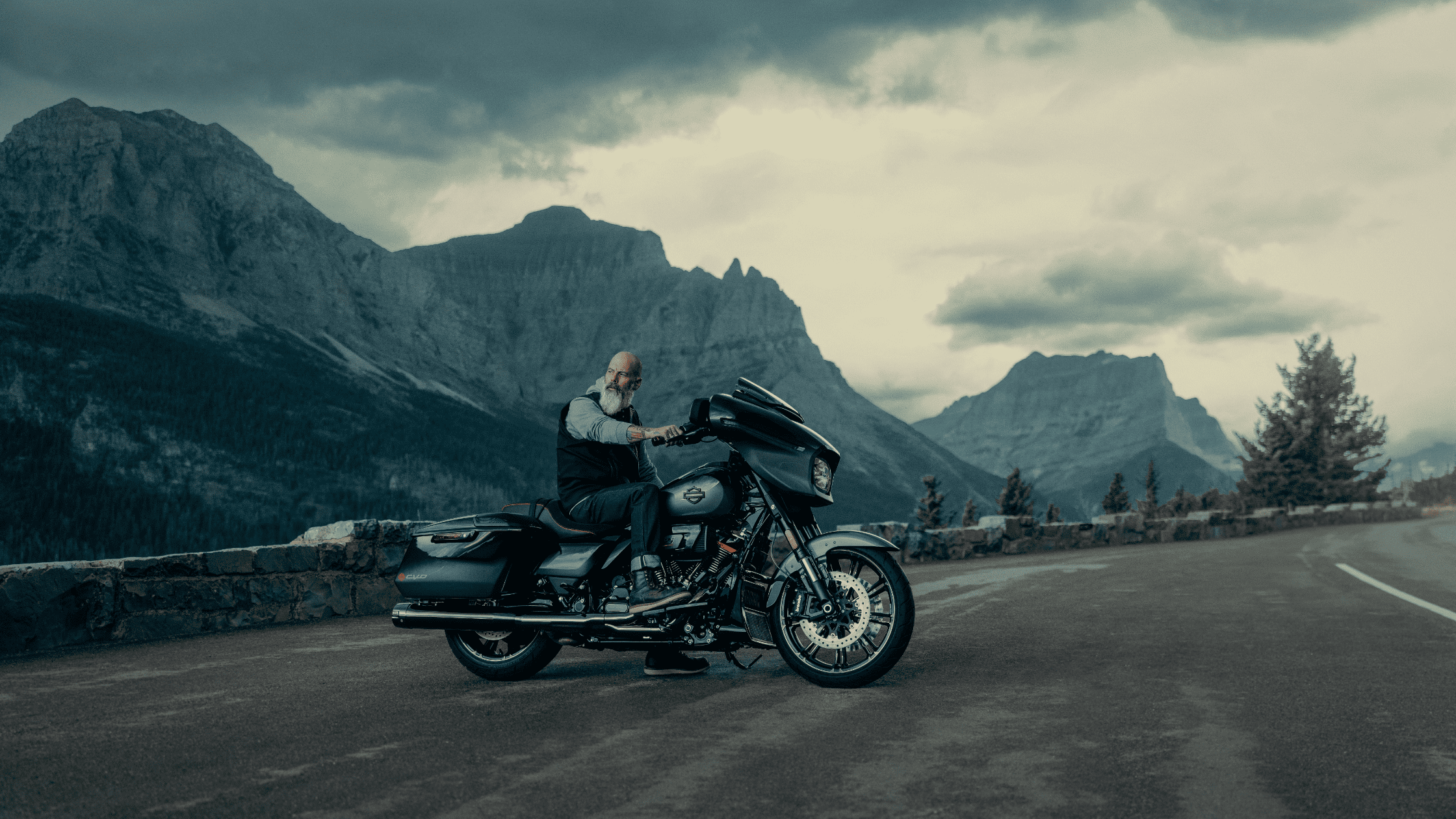 A rider on a black CVO™ Street Glide® with a stunning mountain backdrop, ready for an adventure.